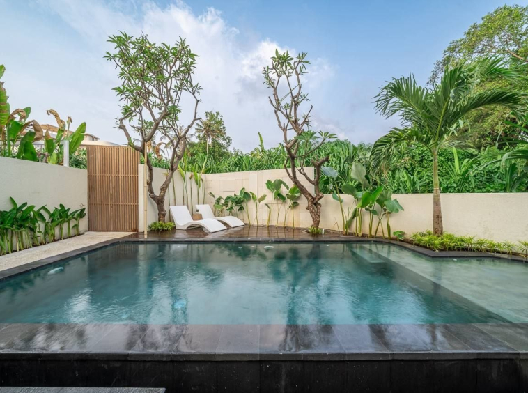 Pool with sun loungers, frangipani trees and tropical planting on the grounds