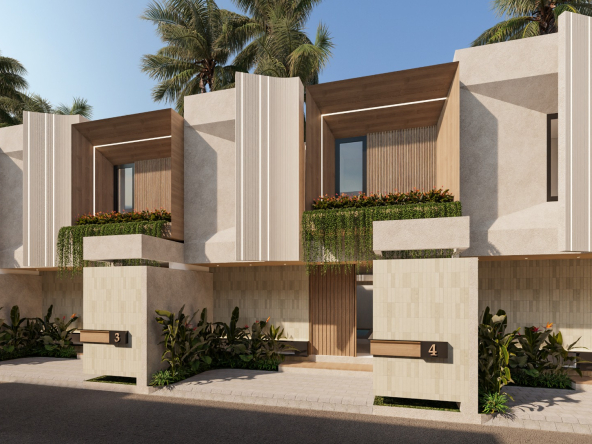 Façades des villas Bali Hills avec auvents en bois et végétation tropicale, Batu Bolong